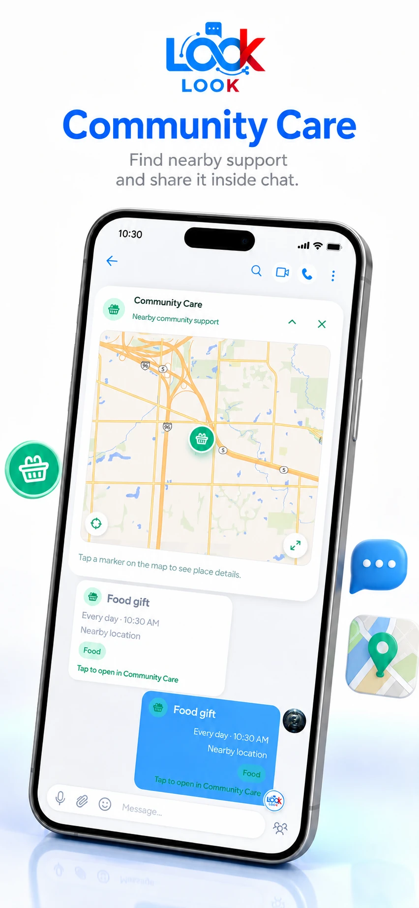 Community Care map inside a LOOK chat — nearby support places on the map, ready to send to the conversation