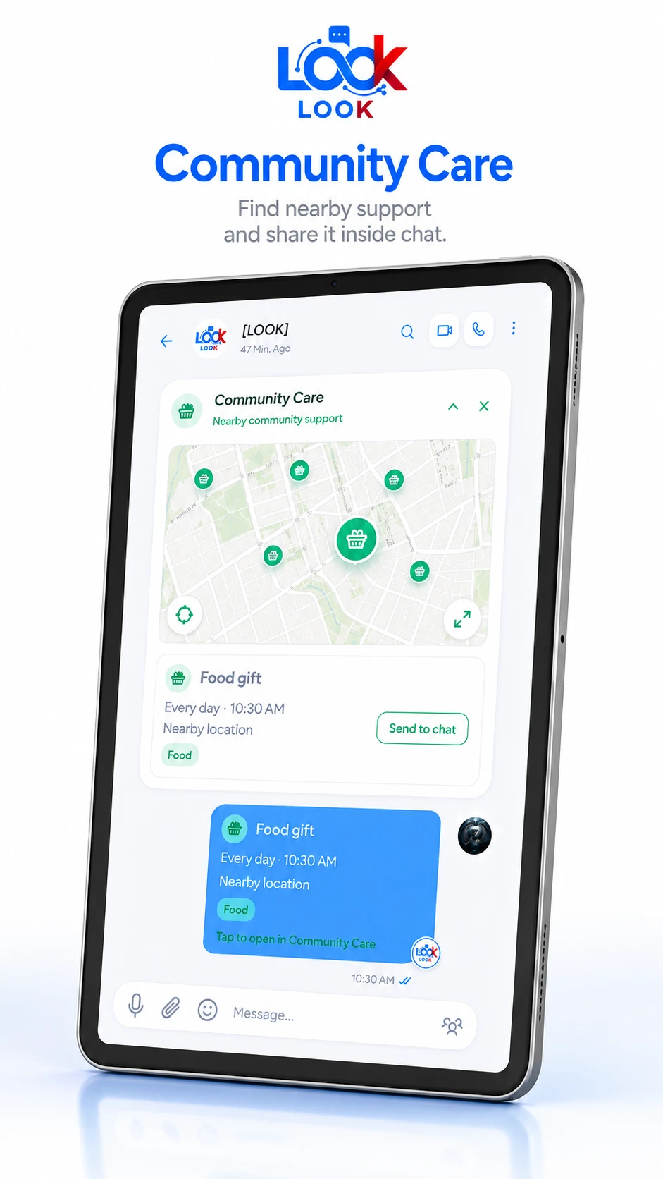 Community Care inside a LOOK chat on a tablet — nearby support places on the map and a helpful place sent back into the conversation