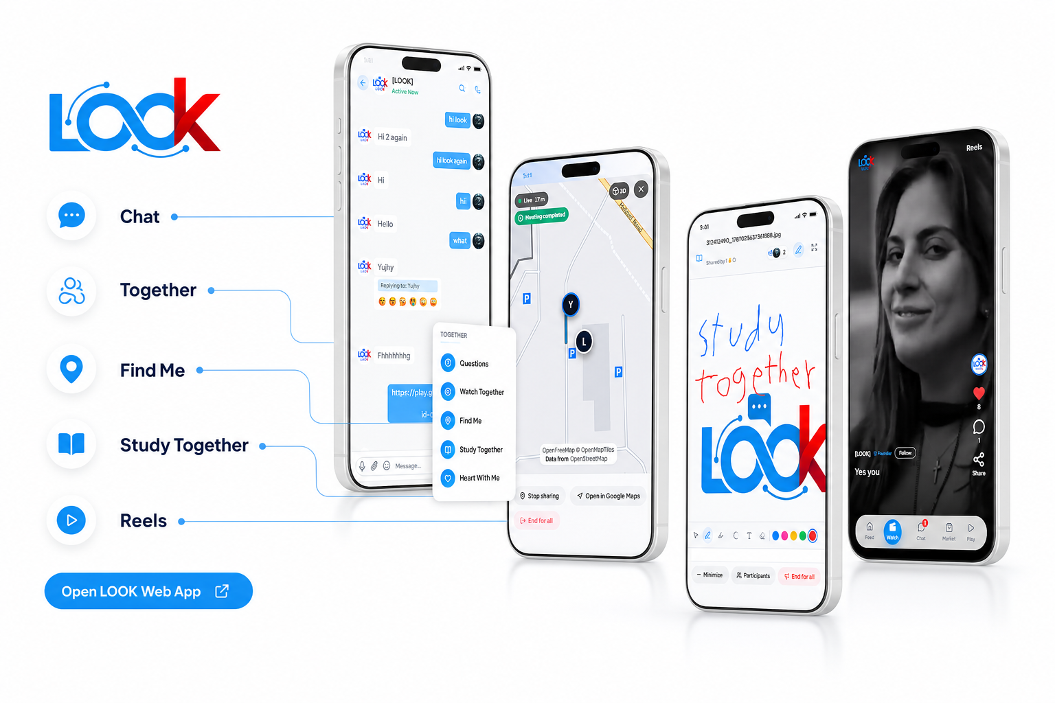 LOOK app on phone — Chat, Together, Find Me, Study Together, and Reels